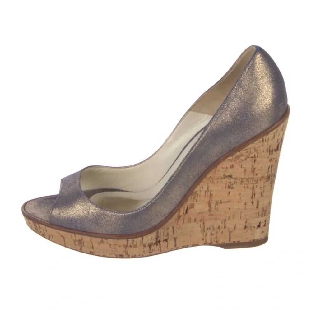 Brian Atwood Metallic Gold/Silver Leather 4”Cork Wedge Heels Size 8.5 MSRP $595